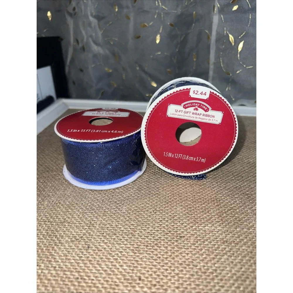 Holiday Time Dark Blue Wire Edged Ribbon 1.5in x 15ft 2 Rolls Metallic Blue RB06